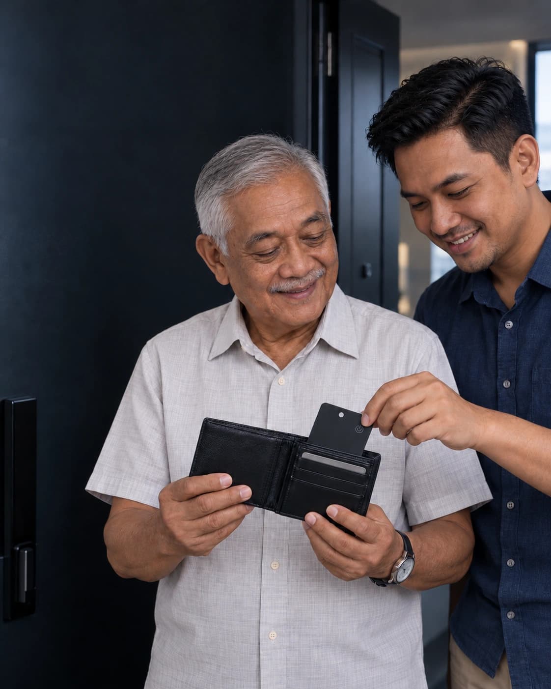Adult son placing LOCAFI Slim into his elderly father's wallet